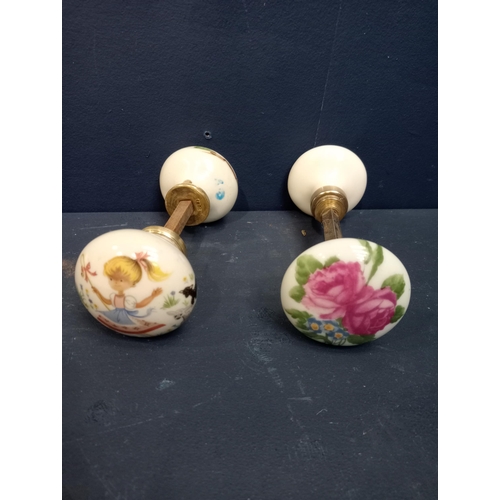 592 - Two pair of floral girl porcelain brass door knobs {Dia 5cm x D 15cm}.