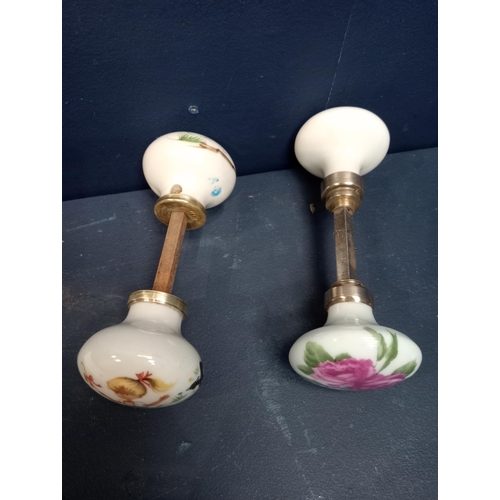 592 - Two pair of floral girl porcelain brass door knobs {Dia 5cm x D 15cm}.