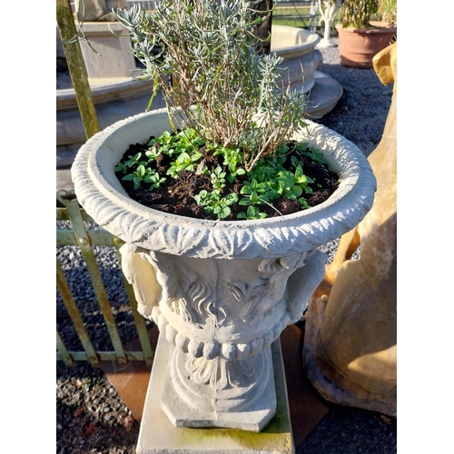 600 - Pair of moulded stone Grecian urns on square bases. {110 cm H x 39 cm W x 39 cm D}.