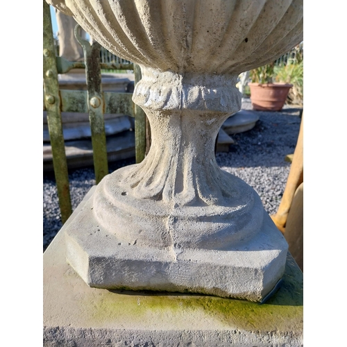 600 - Pair of moulded stone Grecian urns on square bases. {110 cm H x 39 cm W x 39 cm D}.