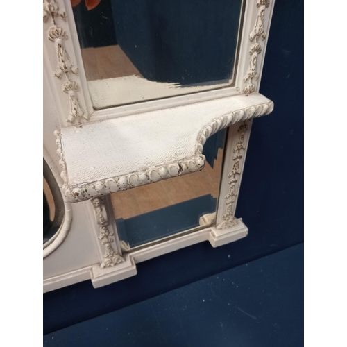 627 - Painted wood and gesso overmantle with five bevelled mirrors {H 100cm x W 110cm x D 13cm }.