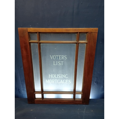 635 - Wooden frame window with frosted writing - Voters List Housing Mortgages {H 80cm x W 68cm x D 4cm }.