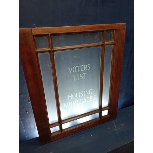 635 - Wooden frame window with frosted writing - Voters List Housing Mortgages {H 80cm x W 68cm x D 4cm }.