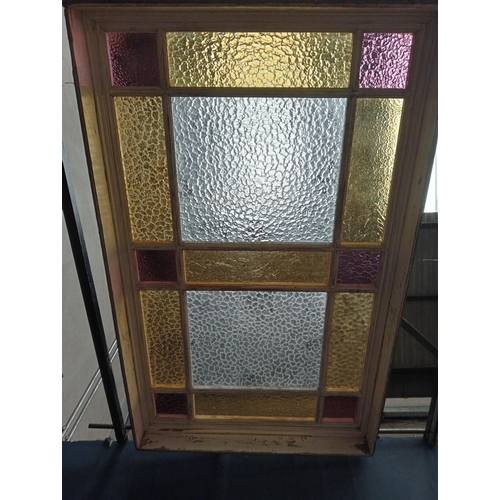 646 - Wooden window ceiling light frame with stained glass panels {H 17cm x W 105cm x W 170cm}.