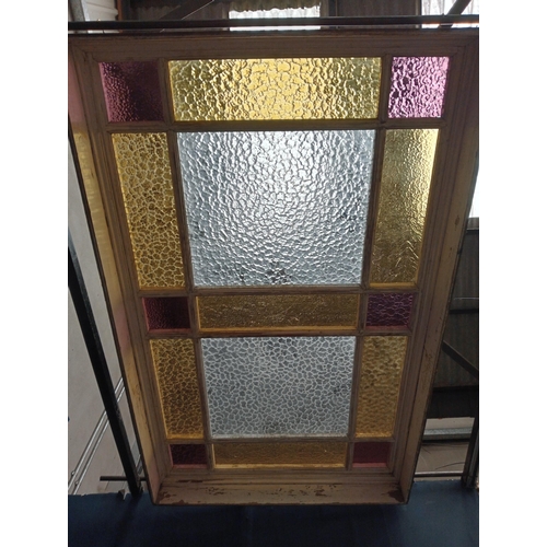 646 - Wooden window ceiling light frame with stained glass panels {H 17cm x W 105cm x W 170cm}.