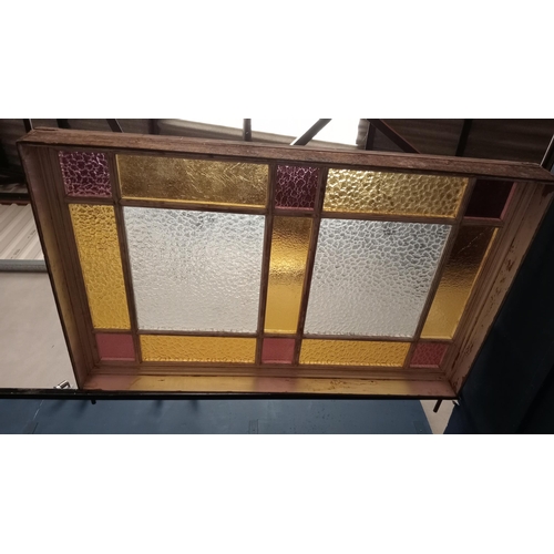 646 - Wooden window ceiling light frame with stained glass panels {H 17cm x W 105cm x W 170cm}.