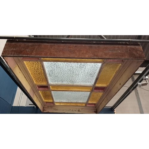 646 - Wooden window ceiling light frame with stained glass panels {H 17cm x W 105cm x W 170cm}.