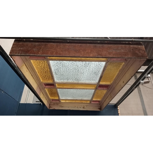 646 - Wooden window ceiling light frame with stained glass panels {H 17cm x W 105cm x W 170cm}.