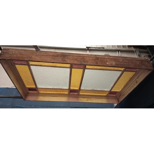 646 - Wooden window ceiling light frame with stained glass panels {H 17cm x W 105cm x W 170cm}.