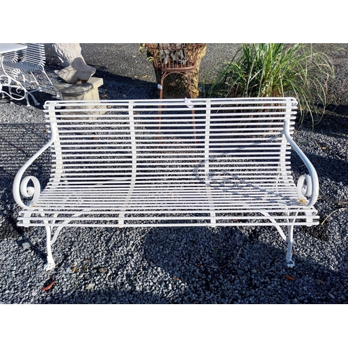 650 - Good quality hand forged wrought iron Arras style garden bench. {78 cm H x 148 cm W x 70 cm D}.