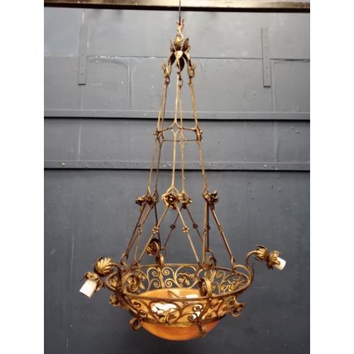 651 - Wrought iron three branch chandelier with scrolls and roses and alabaster shade {H 150cm x Dia 80cm ... 