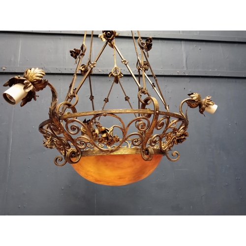 651 - Wrought iron three branch chandelier with scrolls and roses and alabaster shade {H 150cm x Dia 80cm ... 