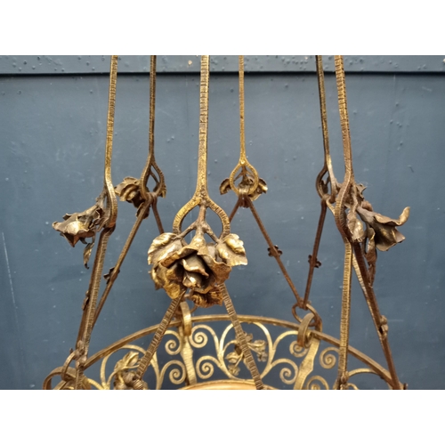 651 - Wrought iron three branch chandelier with scrolls and roses and alabaster shade {H 150cm x Dia 80cm ... 