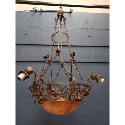 651 - Wrought iron three branch chandelier with scrolls and roses and alabaster shade {H 150cm x Dia 80cm ... 