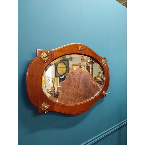 657 - 1950s mahogany hat and coat stand wall hanging mirror {62 cm H x 87 cm W x 10 cm D}.