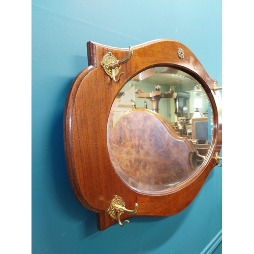 657 - 1950s mahogany hat and coat stand wall hanging mirror {62 cm H x 87 cm W x 10 cm D}.