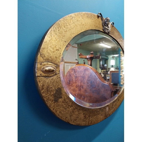 677 - Art Deco brass framed wall mirror {54 cm H x 80 cm W}.