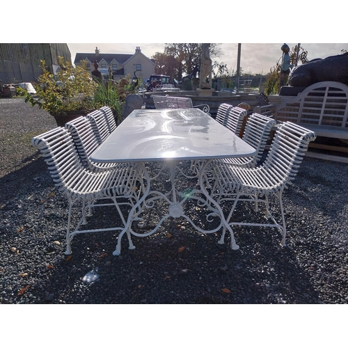 720 - Good quality hand forged wrought iron Arras style garden table and eight chairs. Table {72 cm H x 25... 