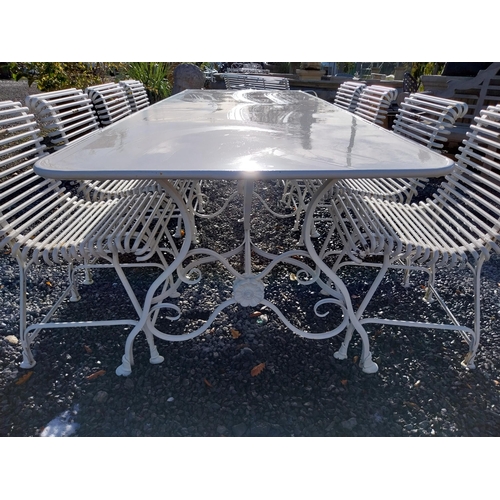 720 - Good quality hand forged wrought iron Arras style garden table and eight chairs. Table {72 cm H x 25... 