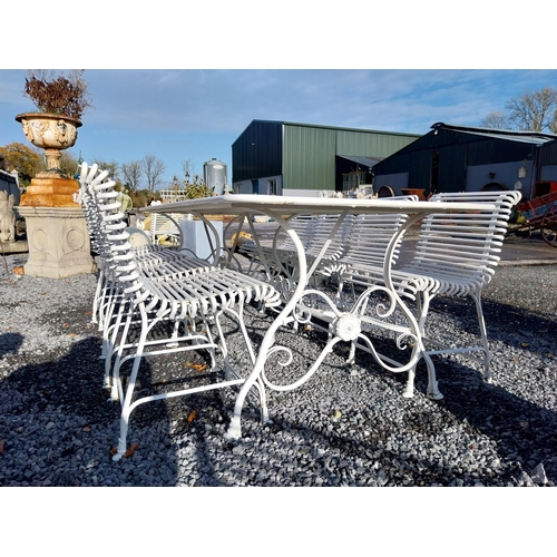 720 - Good quality hand forged wrought iron Arras style garden table and eight chairs. Table {72 cm H x 25... 