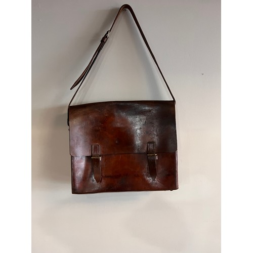 31 - 1950's leather School bag - Friedr. Becker & Co. K.K. Berlin SW68 {H 38cm x W 44cm  x D 12cm }.