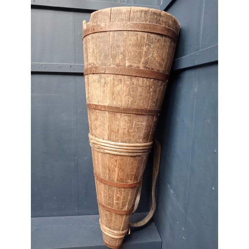 675 - 19th C. Fifty litre oak grape hod carrier with metal bands {H 123cm x W 53cm x D 39cm}.