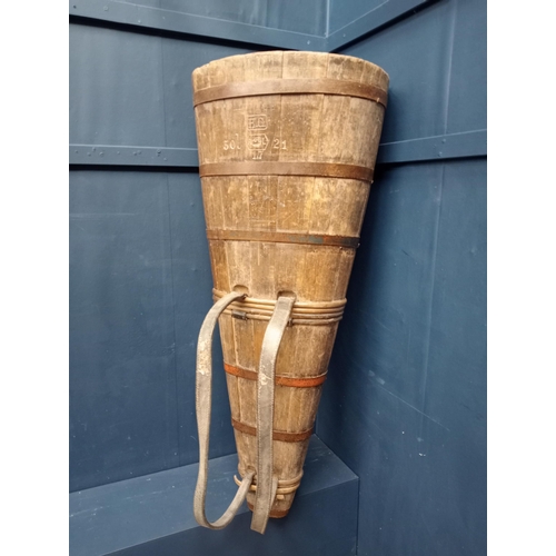 675 - 19th C. Fifty litre oak grape hod carrier with metal bands {H 123cm x W 53cm x D 39cm}.