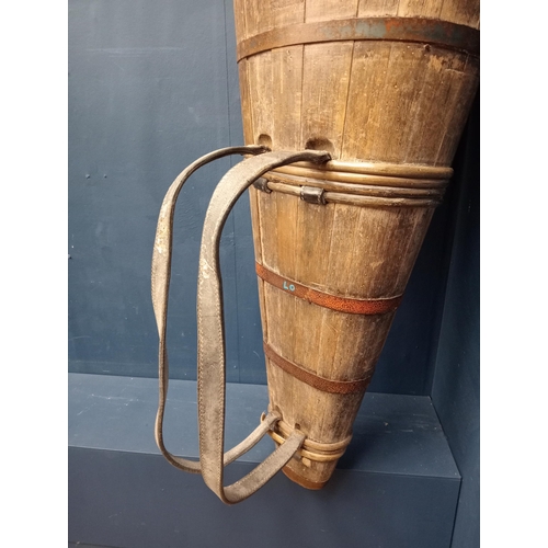 675 - 19th C. Fifty litre oak grape hod carrier with metal bands {H 123cm x W 53cm x D 39cm}.