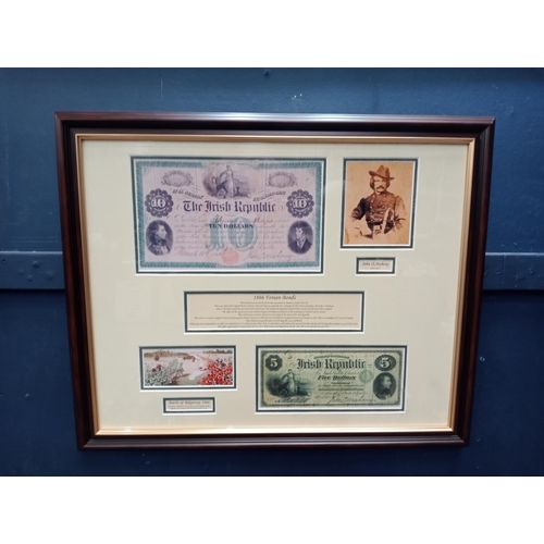 676 - Framed montage of 1866 Fenian Bonds presentation {H 46cm x W 56cm}.