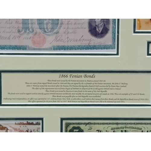 676 - Framed montage of 1866 Fenian Bonds presentation {H 46cm x W 56cm}.