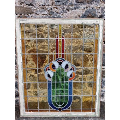 685 - Art Nouveau stained glass leaded window in painted wooden frame {H 114cm x w 96cm x d 4cm}.