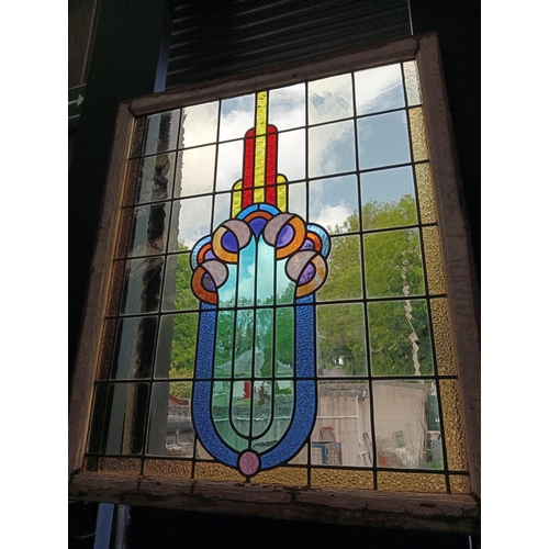 685 - Art Nouveau stained glass leaded window in painted wooden frame {H 114cm x w 96cm x d 4cm}.