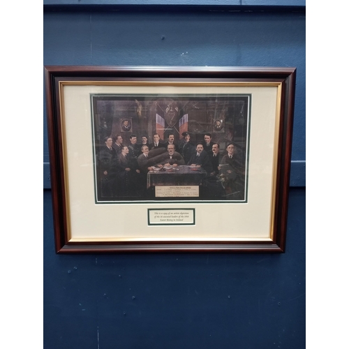 686 - Artists depiction framed print of the sixteen executed leaders of 1916 rising {H 36cm x W 46cm}.