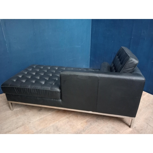 696 - Black deep button chaise lounge on four turned legs {H 81cm x W 160 x D 80cm}.