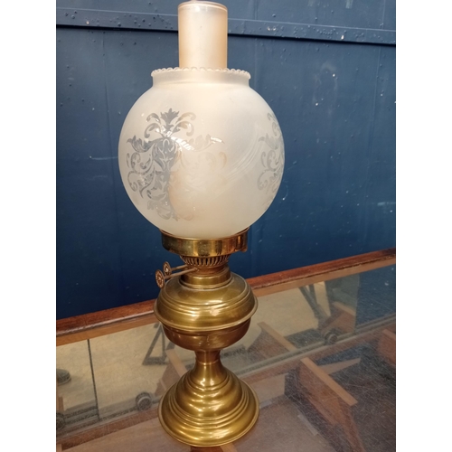 713 - Brass oil lamp with frosted shade {H 50cm x dia 18cm}.