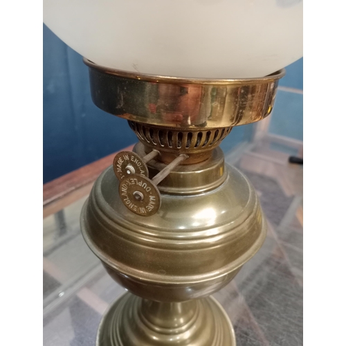 713 - Brass oil lamp with frosted shade {H 50cm x dia 18cm}.