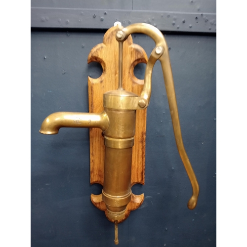 715 - Brass wall  pump on oak plaque {H 60cm x W 36cm x D 45cm}.