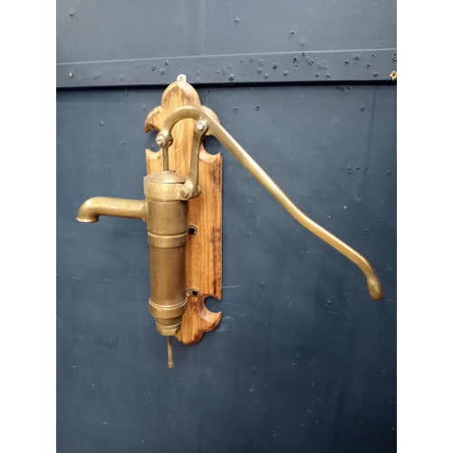 715 - Brass wall  pump on oak plaque {H 60cm x W 36cm x D 45cm}.