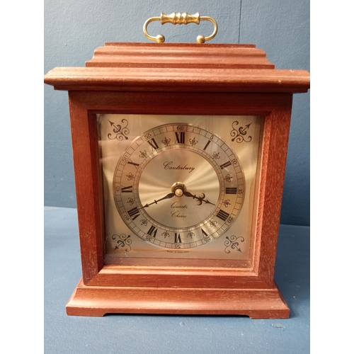 738 - 19th C. bracket clock with brass handle {H 23cm x W 19cm x D 13cm}.