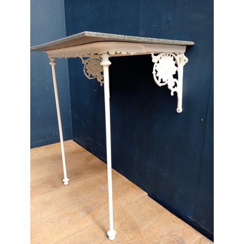 750 - Cast iron wash stand with marble effect top {H 84cm x W 67cmx D 49cm}.