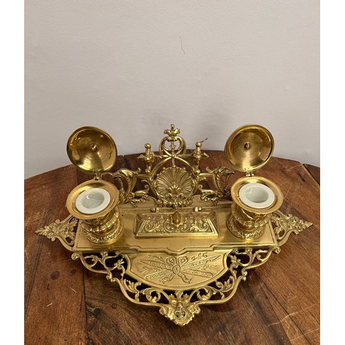 141 - Decorative Brass desk set with ceramic inkwells.  {H 14cm x W 39cm x D 19cm }.