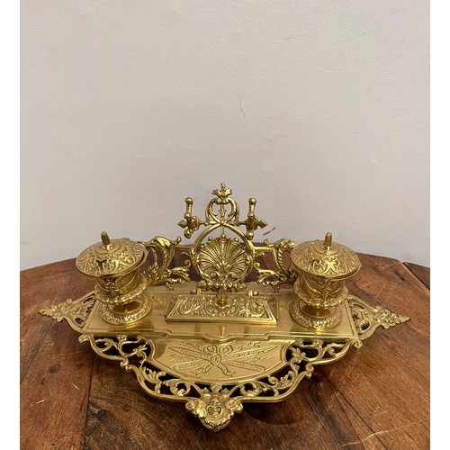 141 - Decorative Brass desk set with ceramic inkwells.  {H 14cm x W 39cm x D 19cm }.