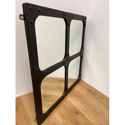 218 - Industrial metal window with four mirrored panels. {H 77cm  x W 77cm X D 3cm }.