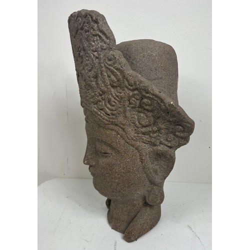 243 - Large crowned stone Buddha head. {H 50cm x D 23cm x W32cm }.