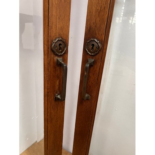 364 - Oak  framed glass two panel doors with hinges. {H 96cm x W 50cm x D 2cm }.