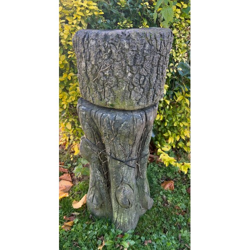 522 - Mid 1900's Reconstituted stone faux bois planter and plinth  {H 76cm x Dia 32cm }.