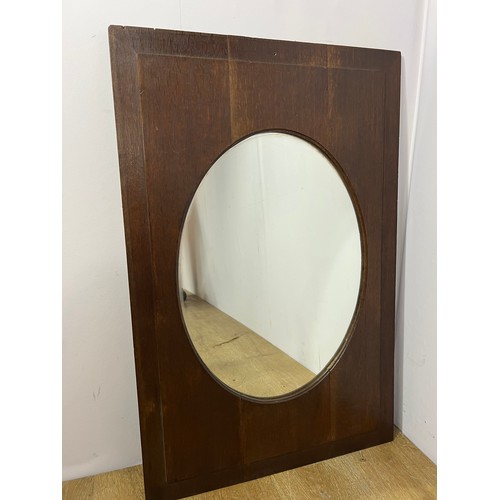 523 - Contemporary Rectangular oak panel with round  mirror  {H 94cm x w 61cm x d 1cm }.