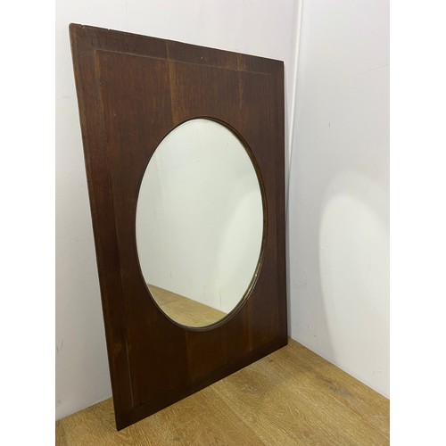 523 - Contemporary Rectangular oak panel with round  mirror  {H 94cm x w 61cm x d 1cm }.