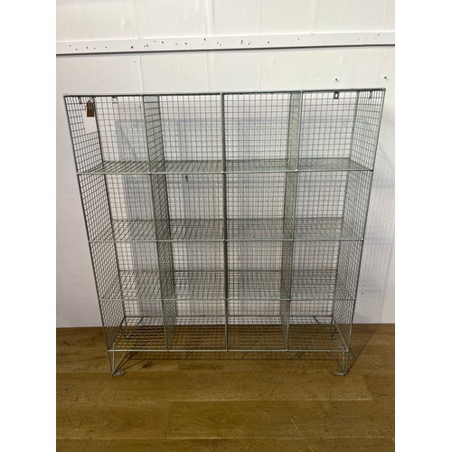 535 - Retro square metal mesh storage unit with sixteen  pigeon holes  {H 137cm x W 121cm x D 30cm }.