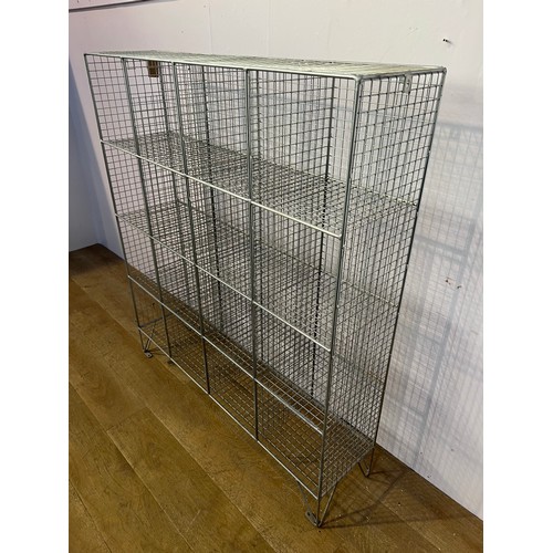 535 - Retro square metal mesh storage unit with sixteen  pigeon holes  {H 137cm x W 121cm x D 30cm }.